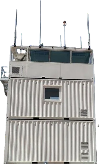 Mobile ATC tower cab with antennas on a containerised base