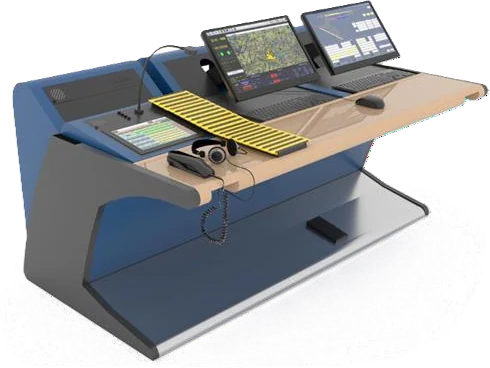 ATC operator console with integrated voice communication panels and screens