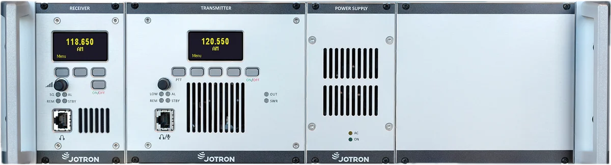 Three rack-mounted Jotron VHF ground-to-air radio transceivers